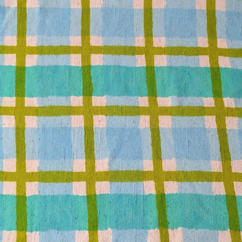 Vintage Schumacher Hand Print Plaid Fabric Blue Lime Green 1.25 Yards 56" Wide